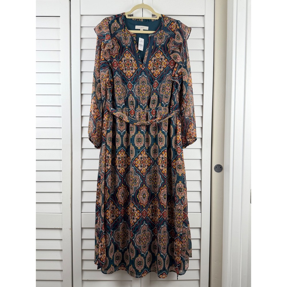 LOFT Midi Dress XL Teal Medallion Print Ruffle Split Neck Long Sleeve NEW